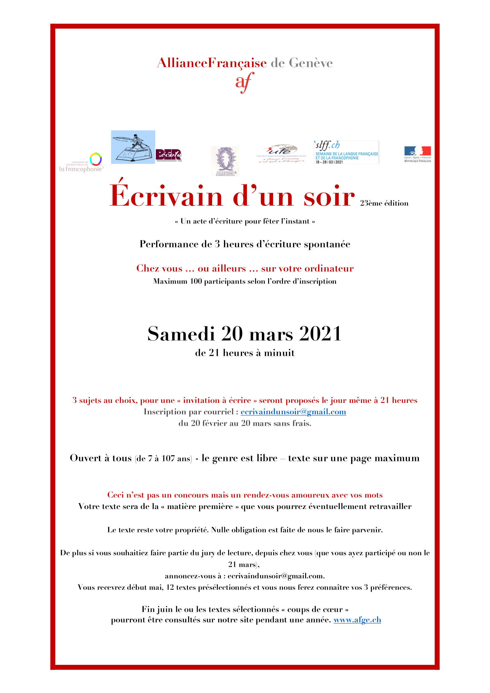 Concours "Ecrivain d'un Soir" (20 mars 2021)